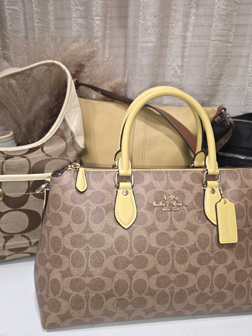 Coach Signature Canvas Satchel in Brown with Yellow Trim 4 PC BUNDLE